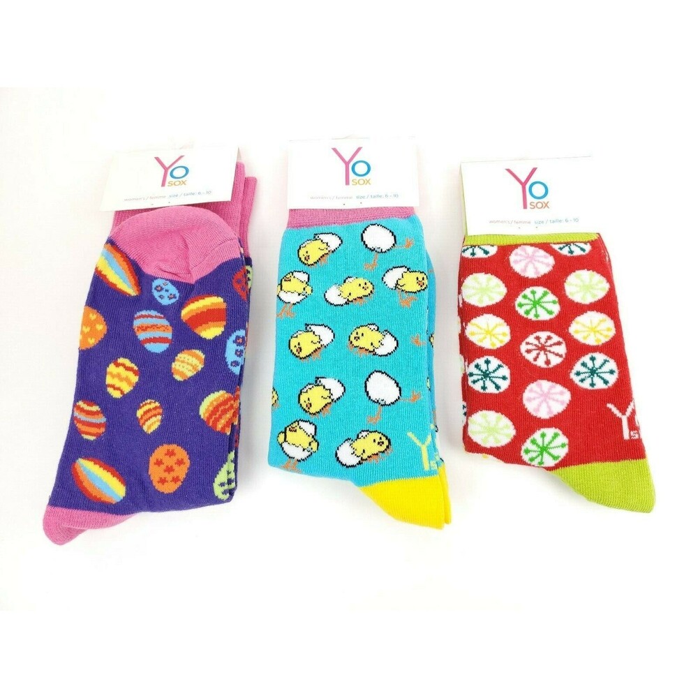 3 Pack Yo Sox Graphic Print Women's Crew Socks Easter Design Size 6-10